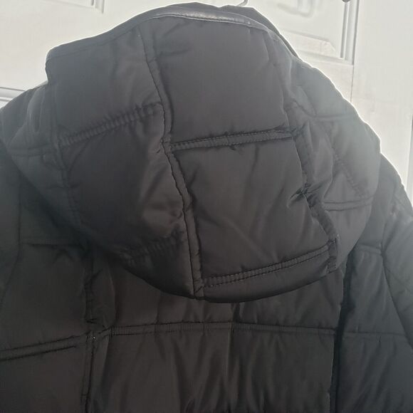 DKNY Winter Puffer Coat Black Hooded Large Knee Length Double Pockets Bib Front - Picture 12 of 15